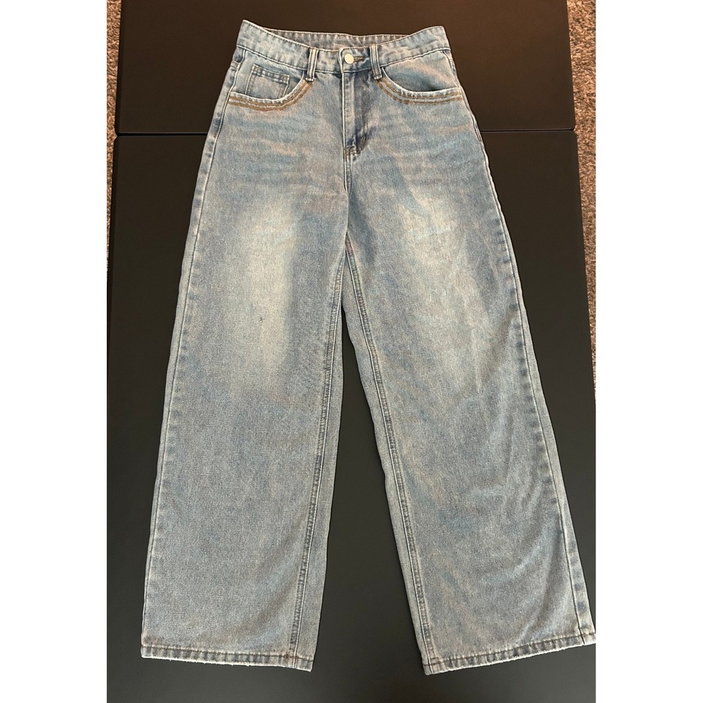 Shein Light Wash High Waisted Wide Leg Jeans Contrast Stitching Denim 1418